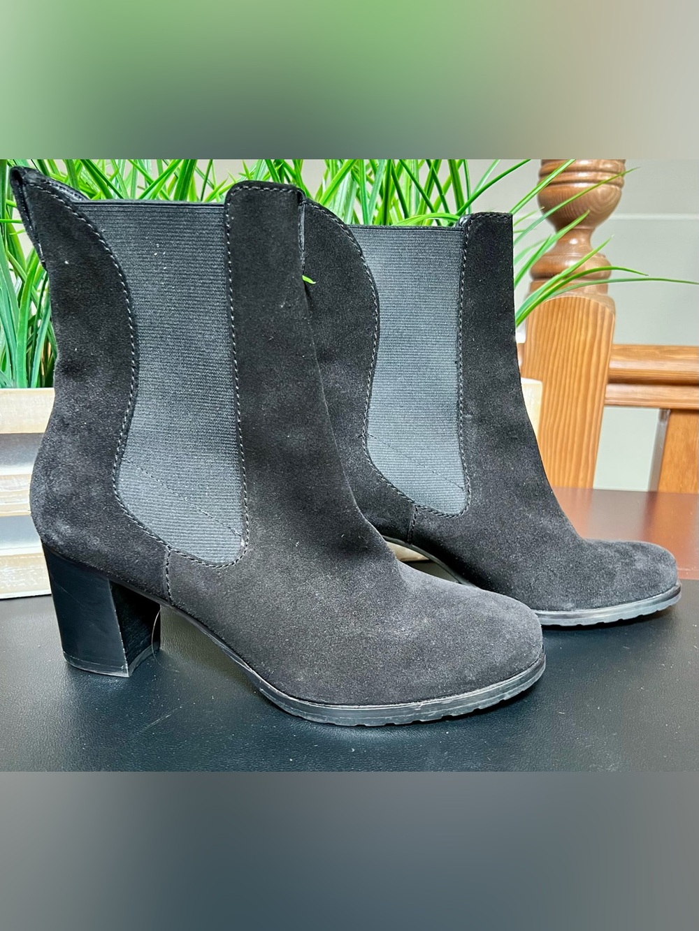 COLE HAAN Women's Black Suede Chelsea Ankle Booties Block Heel
